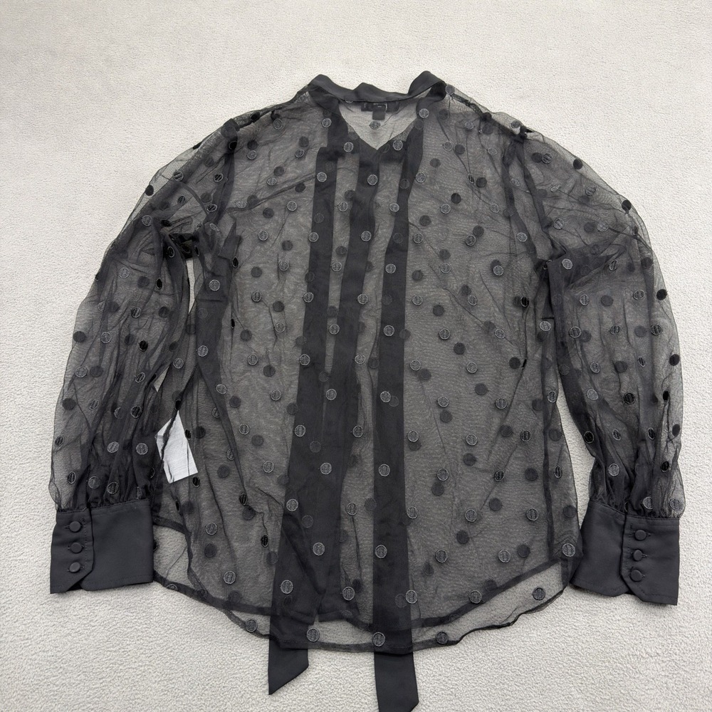 J Crew Sheer Tie Neck Long Sleeve Button Blouse Black Dotted Polka Dot Tulle S - Picture 14 of 16